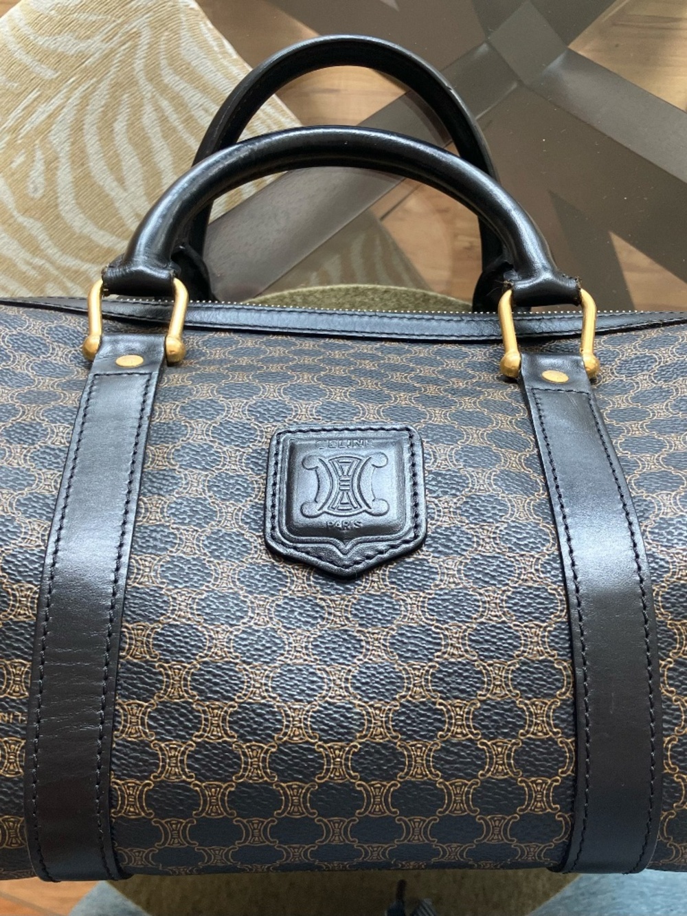 CELINE Macadam Canvas Boston Bag Coated Canvas, Leather Black w/Gold hardware,